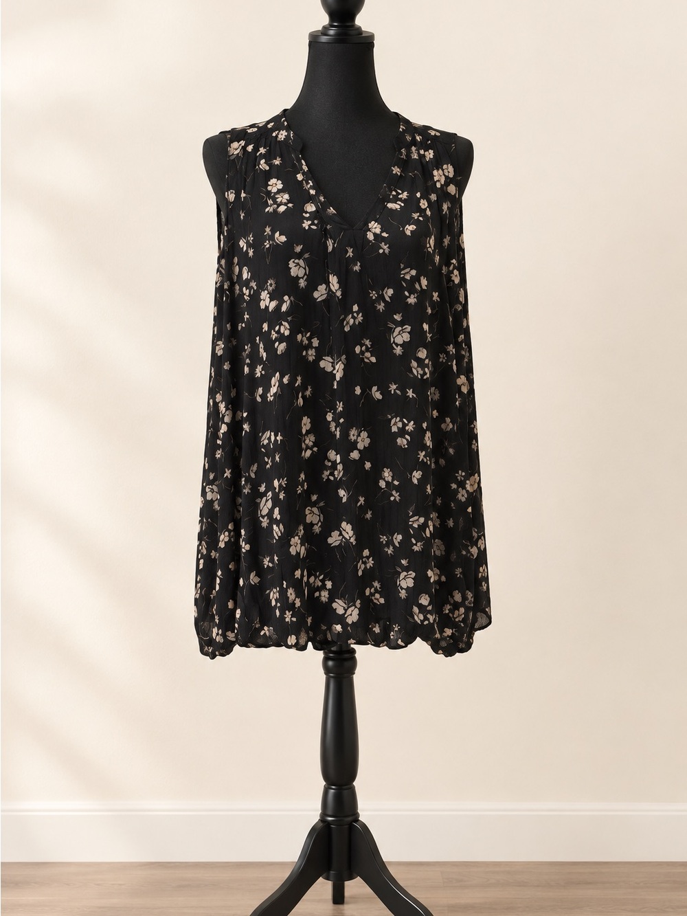 Sleeveless Black Floral V-Neck Blouse